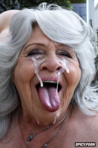 sperm on the face, horny, big hairy labia, very old woman, sperm running out of the mouth and over the tits