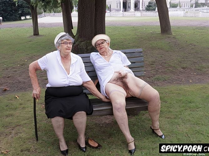 dress, sitting on a park bench, cellulite legs, very old fat granny