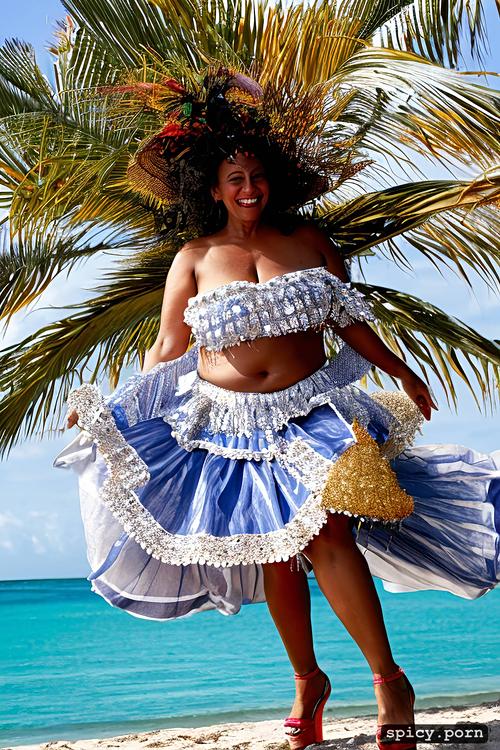 giant hanging tits, high heels, long hair, color portrait, 58 yo beautiful white caribbean carnival dancer