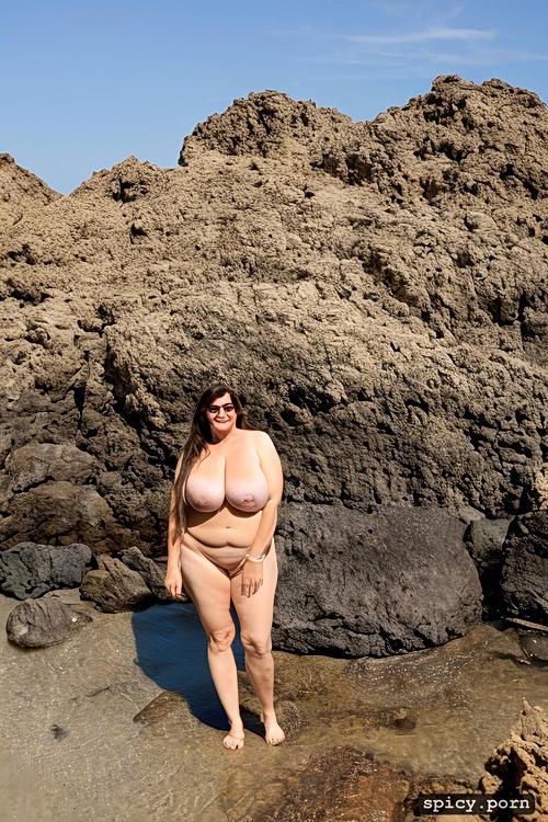 nude, wide hips, standing straight at a black sea beach, front view