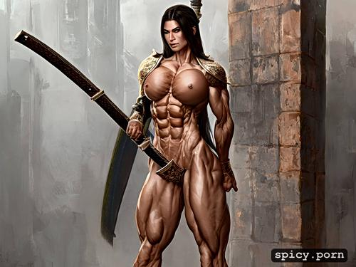 nude tall muscle woman in tiny armor with massive abs and strong thighs and strong arms and strong legs and massive muscles is bending a massive steelbar