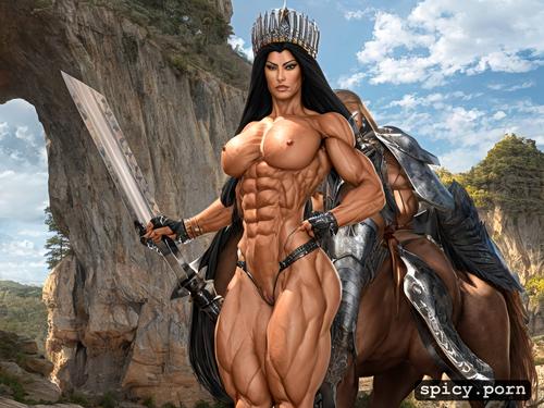photorealistic, massive abs, nude tall muscle woman in tiny armor with massive abs and strong thighs and strong arms and strong legs and massive muscles is covering a weak little small female princess behind her back