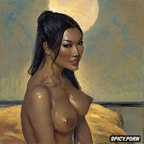 masterpiece, wide open eyes, realistic body anatomy, just one tanned asian woman in picture