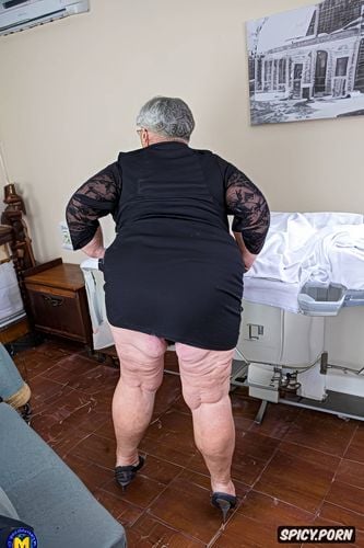 very old fat grandmothers, back view, tremendous splash cum in asshole