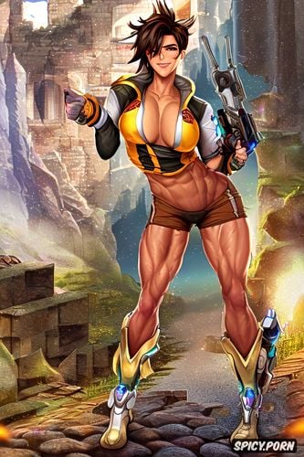 standing on cobblestone road amid ruins, detailed, game character tracer from overwatch as female bodybuilder