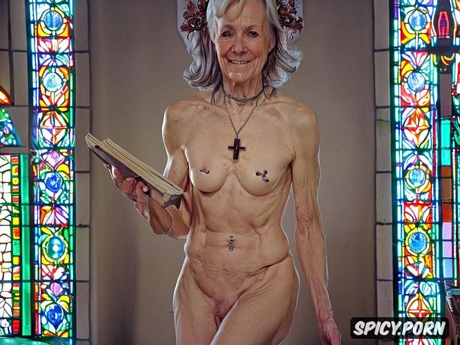 naked, pissing in church, smiling, wrinkeled, stained glass windows