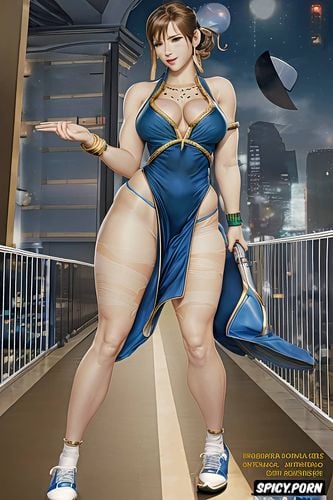 long dark blue dress, one hand on hips, chun li, smokey eyes