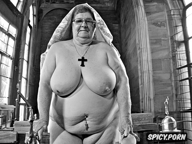 full nude body, bbw, hanging saggy breasts, big, church, saggy oversized belly