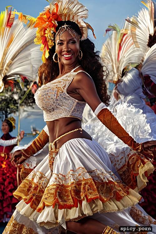 intricate beautiful dancing costume, 65 yo beautiful white caribbean carnival dancer