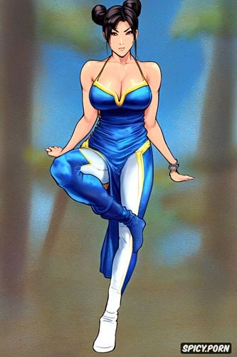 asian brunette female fighter, chun li, white knee high socks