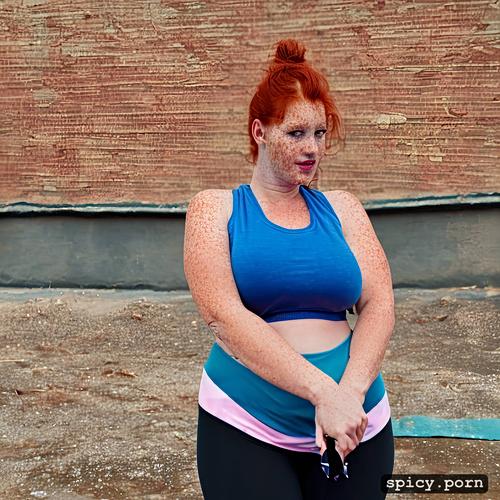a curvy woman, wearing obj, masterpiece, vivid, wearing a blue tank top and blue yoga pants