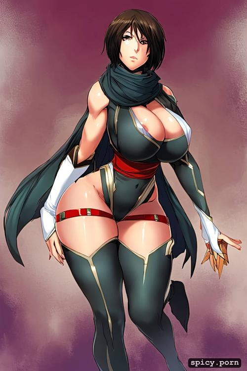 black hair, oiled body, thick ass, red scarf, jungle, mikasa