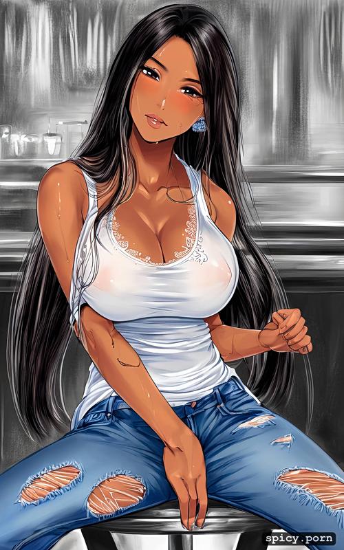 thai teen sitting in bar, fully clothed in tight white tshirt and jeans