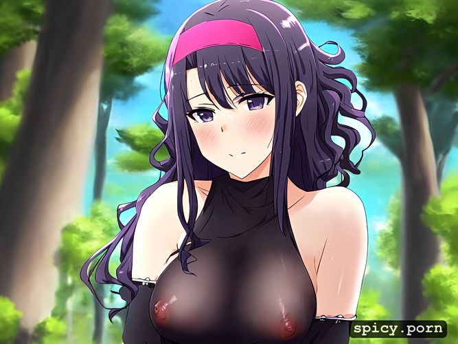 very long hair, dark purple hairband, pussy visible through clothes