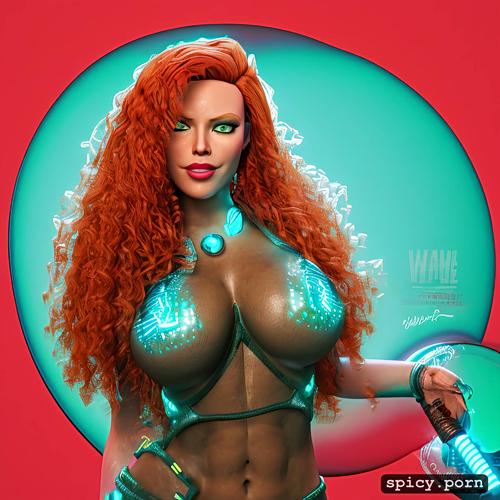hyper detailed, studio quality, digital art, smooth render, mary wiseman glowwave full body portrait of curly red haired mad scientist woman from borderlands 3