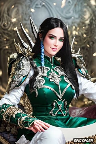 confident smirk, female knight, wearing emerald scale armor