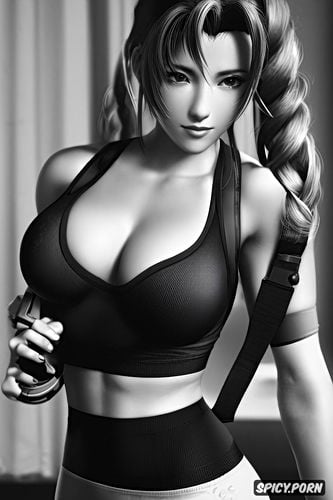 k shot on canon dslr, ultra detailed, masterpiece, aerith gainsborough final fantasy vii remake tight black yoga pants and sports bra beautiful face