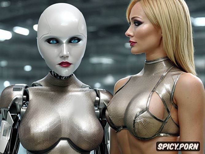 internal robotic parts visible in the abdomen, sexy blonde robot with fully metallic body and huge tits