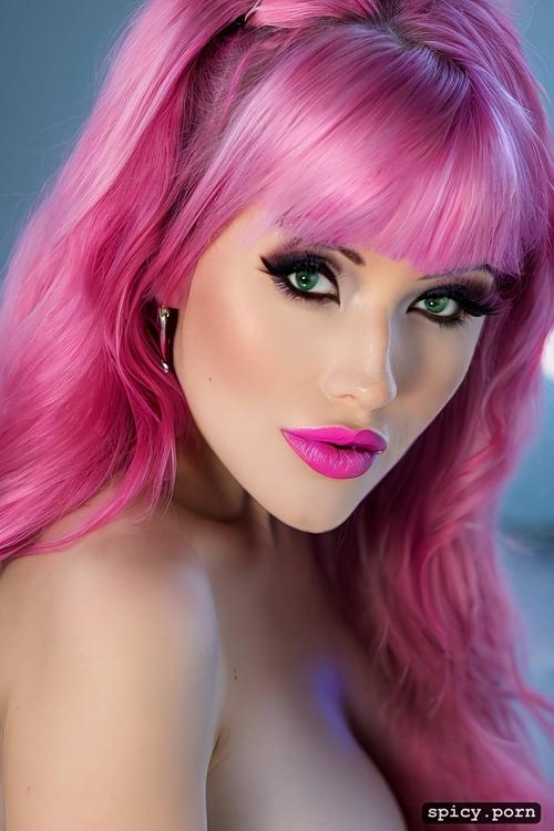realistic, belle delphine, solid colored, pink hair, 18yo, naked