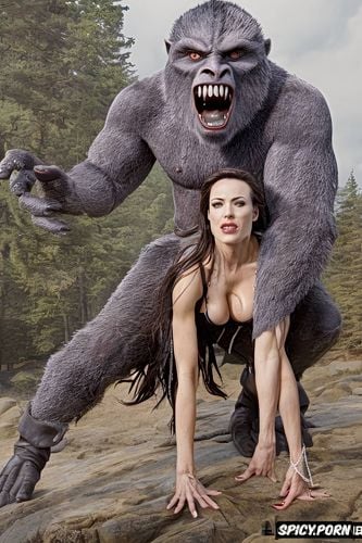 male sasquatch positioned to enter woman from behind, facial seizure from extreme pleasure