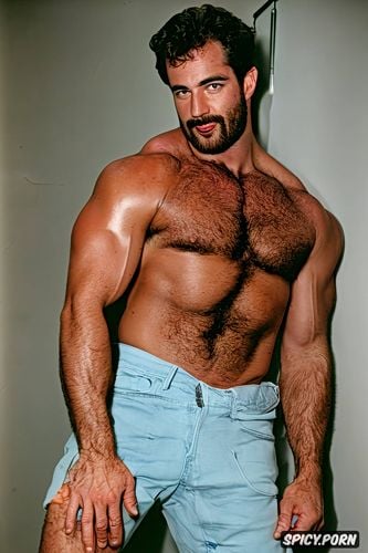 hairy bodybuilder on steroids hairy muscles realistic skin realistic photo realistic lighting super abs adam