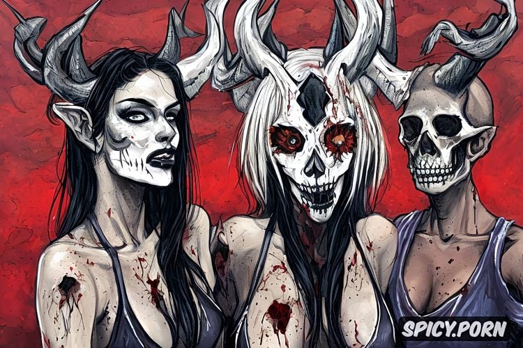 zombie woman, three hounds, horns, skulls, wounds