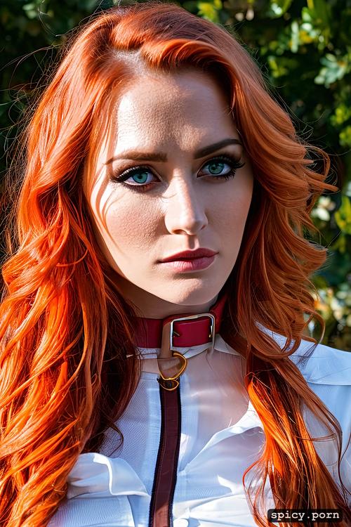 long wavy red orange hair, cute innocent face, collar, woman uniform