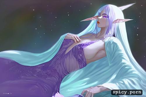 full body, pastel colors, silk robe, see through clothes, purple eyes