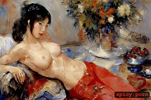 perky nipples, art by da zhong zhang, nice abs, hair braid, small boobs