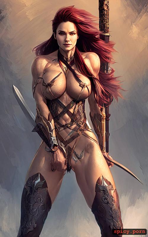 nude muscle woman, high res, stabed beast, bleed, sword fighting