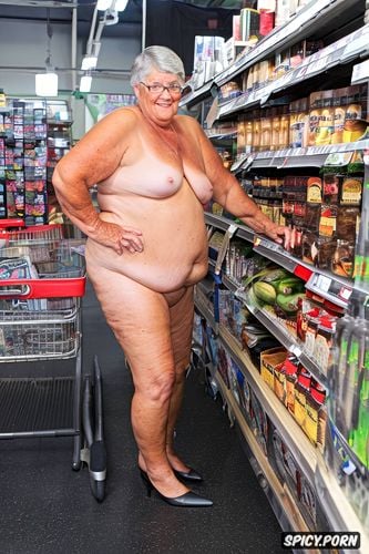 ssbbw fat saggy busty gilf granny grandmother, at grocery store getting group action with store clerks fully nude public