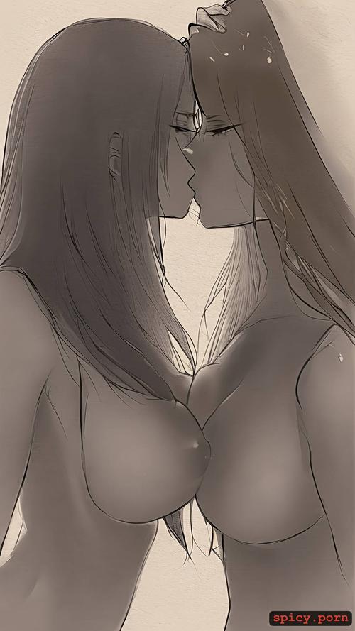black and white, pencil crosshatch, two girls kissing, charcoal smudged