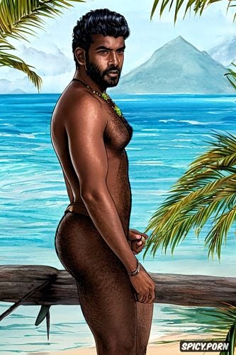 on a tropical beach, slender body, handsome face, sexy dick