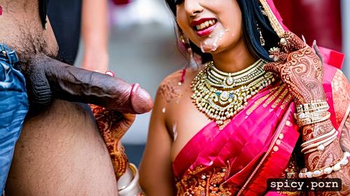 the two standing beautiful indian bride in public mall takes a huge black dick in the mouth and giving blowjob to the bride get covered by cum all over his bridal dress the bride realistic photo and real human