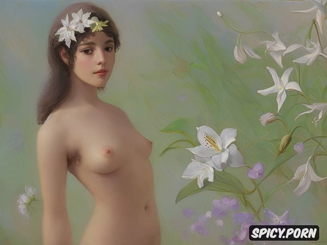 impressionist portrait, impressionist painting, hairy pussy flat breast full body shot