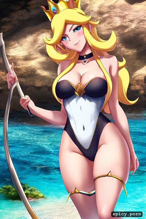 beach, one piece swimsuit, choker, thigh highs, smiling, standing in water