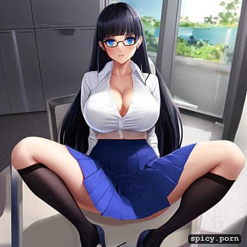 thick thighs, mini black skirt, black hair, beautiful face, anime style