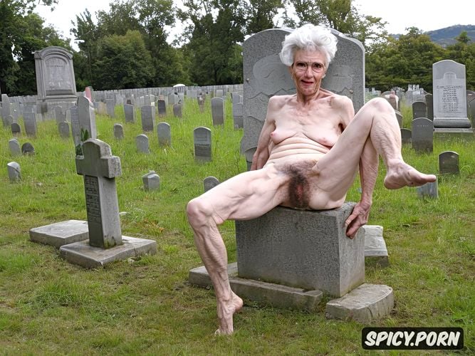 skeletal, one super old granny, short grey hair, cemetery, naked