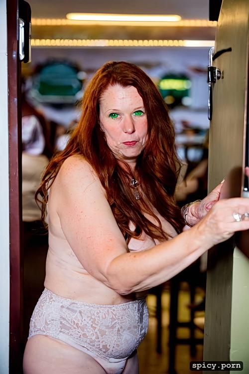 pretty face, ashamed face expression, 53 yo woman giving man handjob in public restaurant booth
