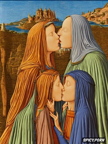 virgin mary lesbian couple kissing, sidele, rainbow sky