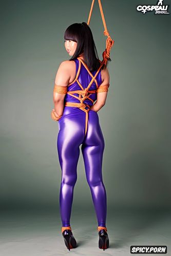 shibari with rope, shiibari suspended full body, spandex satin catsuit satin gloss