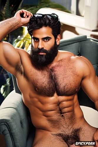beard, muscular, male, arms up, arab, armpits, showing big dick big erect penis