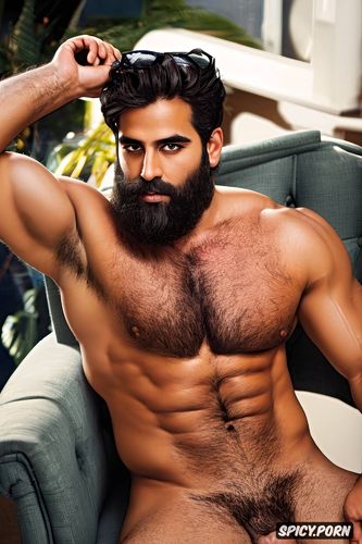 guy, beard, muscular, one alone naked athletic arab man, dark hair