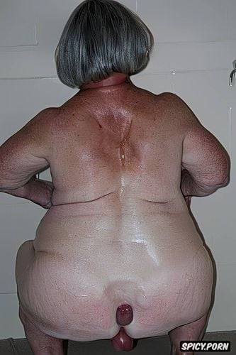 white granny, squatting, rear view, hyperrealistic pregnant pissing muscular thighs red bobcut haircut tanned