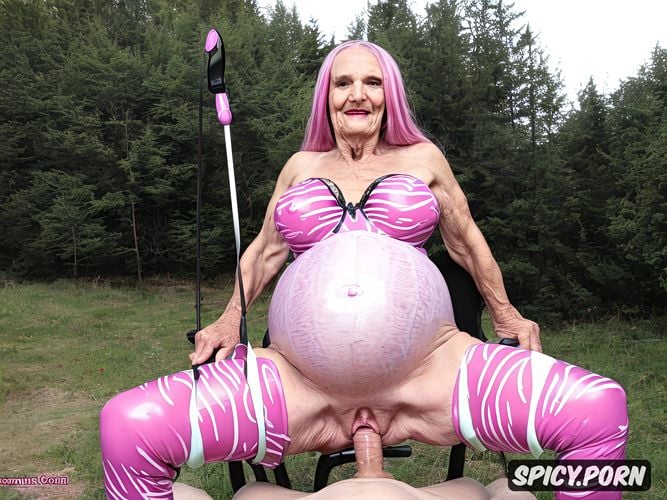 pov, pink zebra stocking latex, ninety year old, gigantic silicone breast