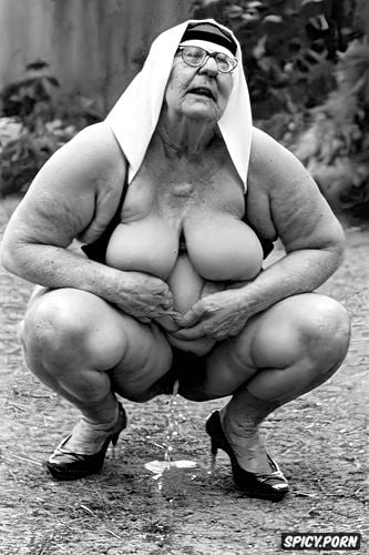 semi naked, in public, old fat, big belly, wrinkles, squatting
