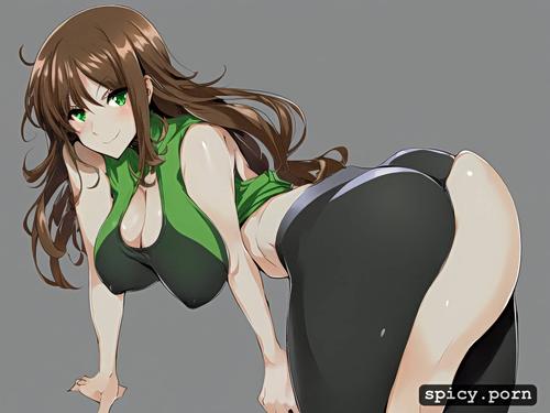 green eyes, thick thighs, sly smile, big breast, panties, big ass
