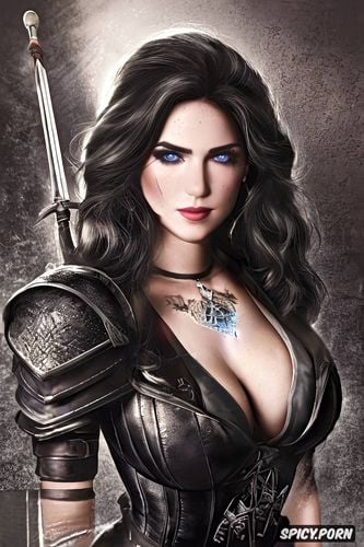 k shot on canon dslr, yennefer of vengerberg the witcher tight shirt and leather armor sword village magic beautiful face young full lips masterpiece