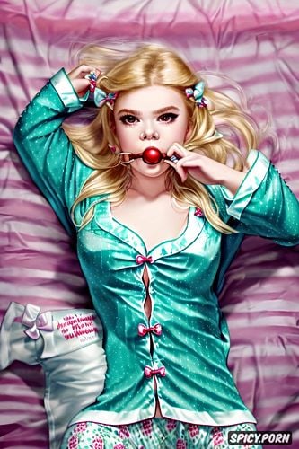 ball gag, stretch tied to bed, elle fanning, sharp details, milky skin
