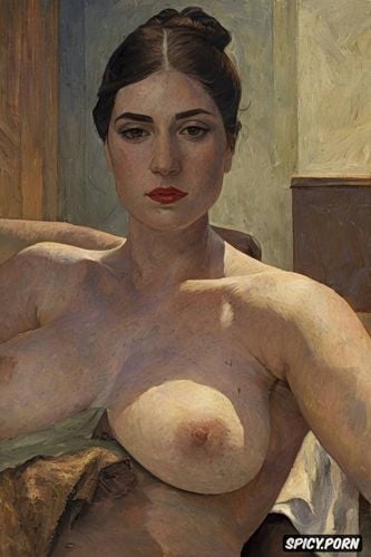 blushing woman with red lips and flushed cheeks in shady bathroom bathing intimate tender modern post impressionist fauves erotic art